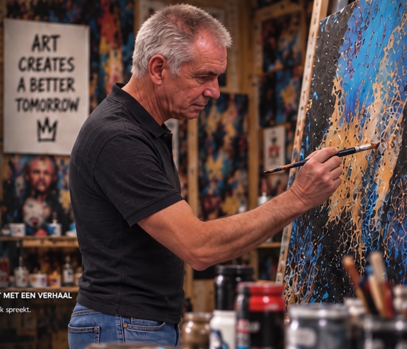 Eddy Delplace aan het schilderen in zijn atelier